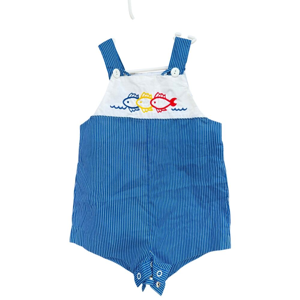 Vintage 24M Blue White Pinstripe Fish Embroidered Jon Jon Romper Nautical